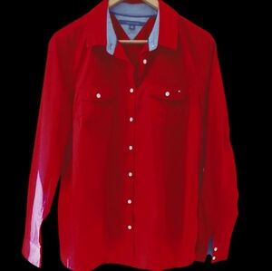 Tommy Hilfiger Bold Red Women's Button Down Shirt With Tab Sleeves Sz L